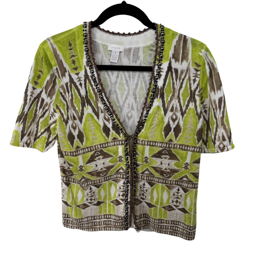 Chico's Cardigan Ikat Beaded Trim 1 M Green Brown Women Short Sleeve Lightweight